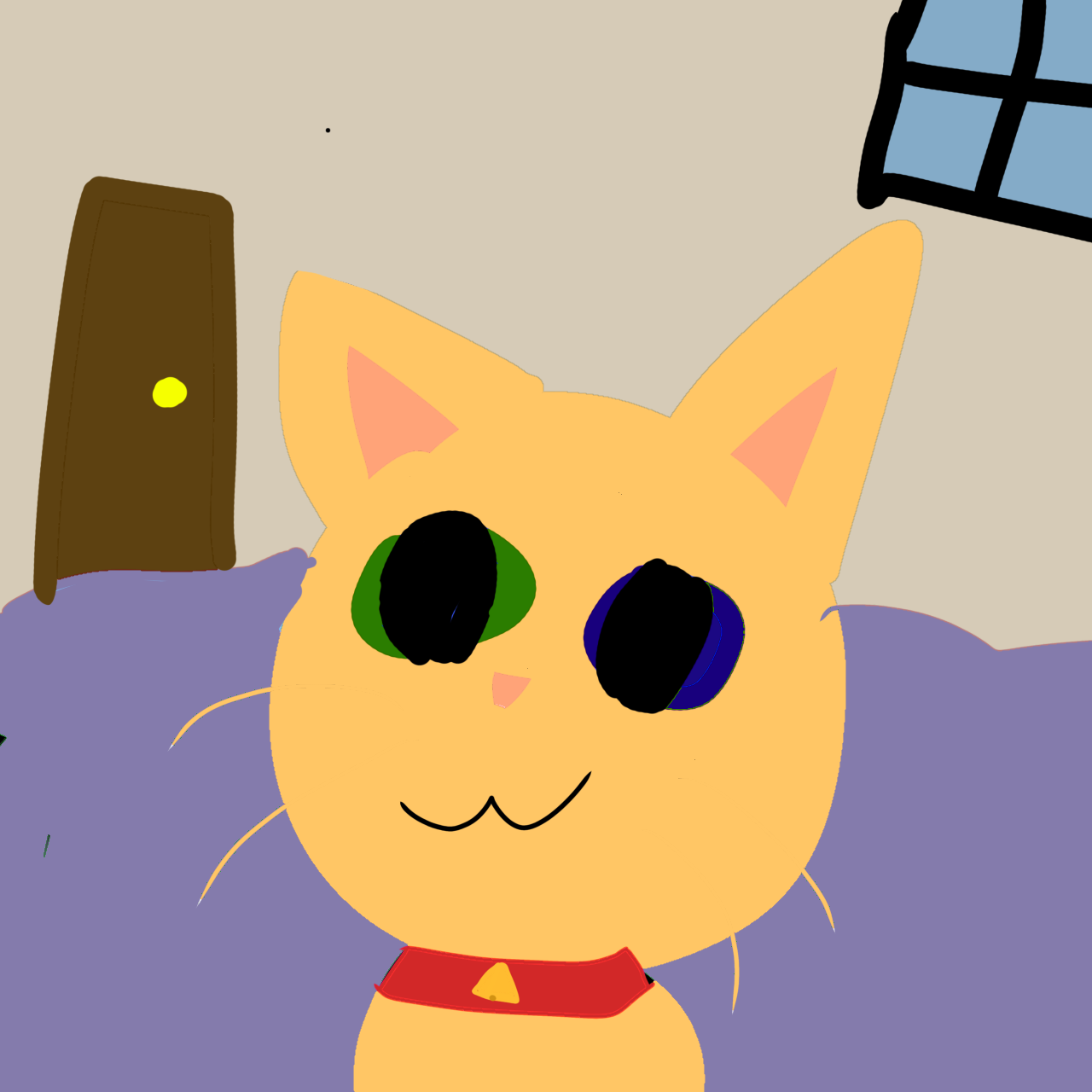 An orange cat with heterochromia stands inside, in a room with a purple carpet and beige walls. There’s a door and window visible.